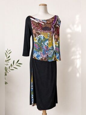 Vintage Chacok Artsy Midi Dress Multicolor Asymmetrical 3/4 Sleeve French Medium